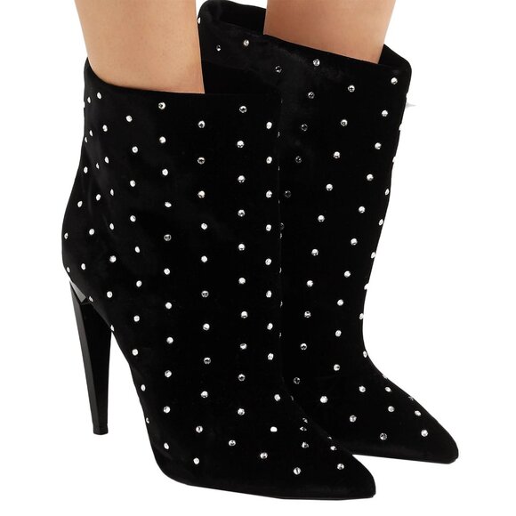 SAINT LAURENT BOOTS FREJA CRYSTAL STUDDED VELVET ANKLE BOOTIES sz 36.5 6.5 US - Picture 2 of 15